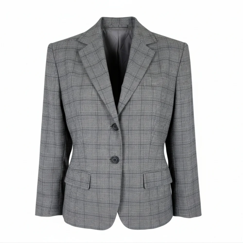 Tahari ASL Blazer Size 10 Gray Black Purple Glen Plaid Flap Pockets 2 Button